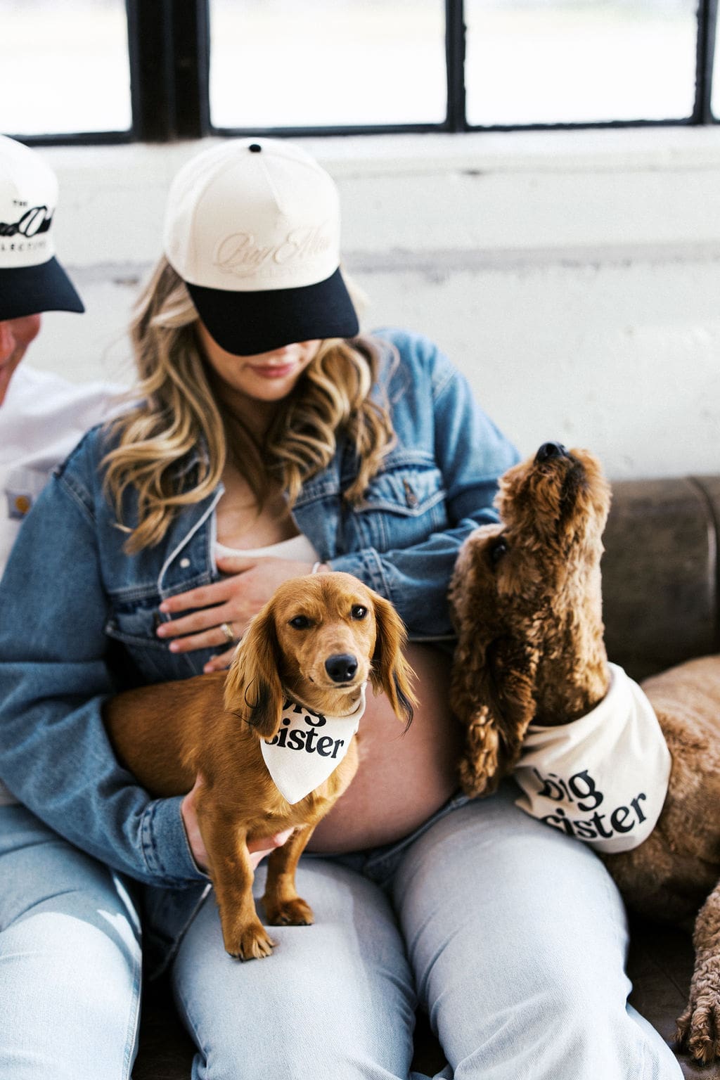 A candid photo of the couples dogs sitting on the couch around them during their studio maternity photos.