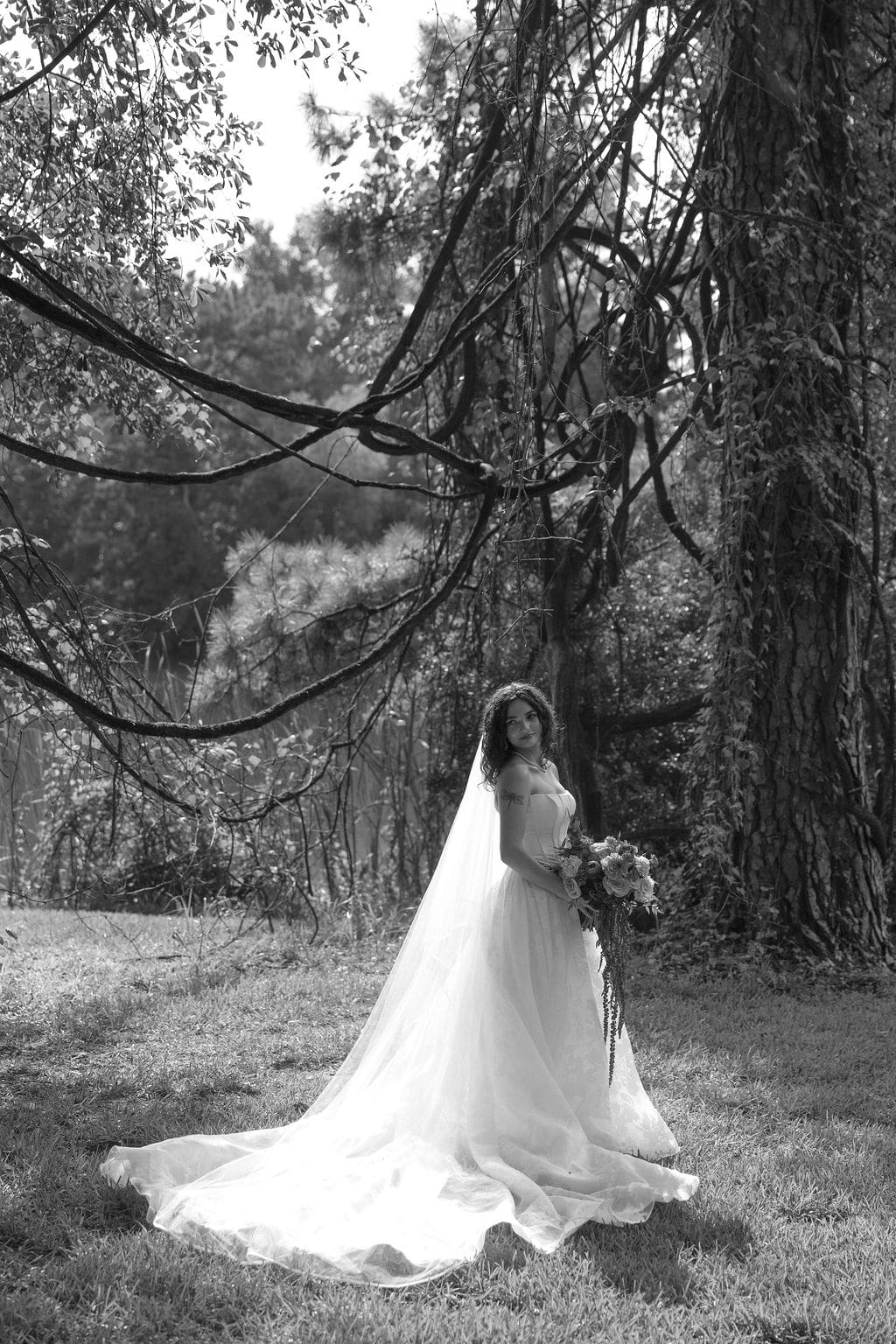 Editorial documentary wedding photos of the bride standing on the grass at a wedding venue, looking back at her veil as the sun shines through the trees after a rainy wedding.