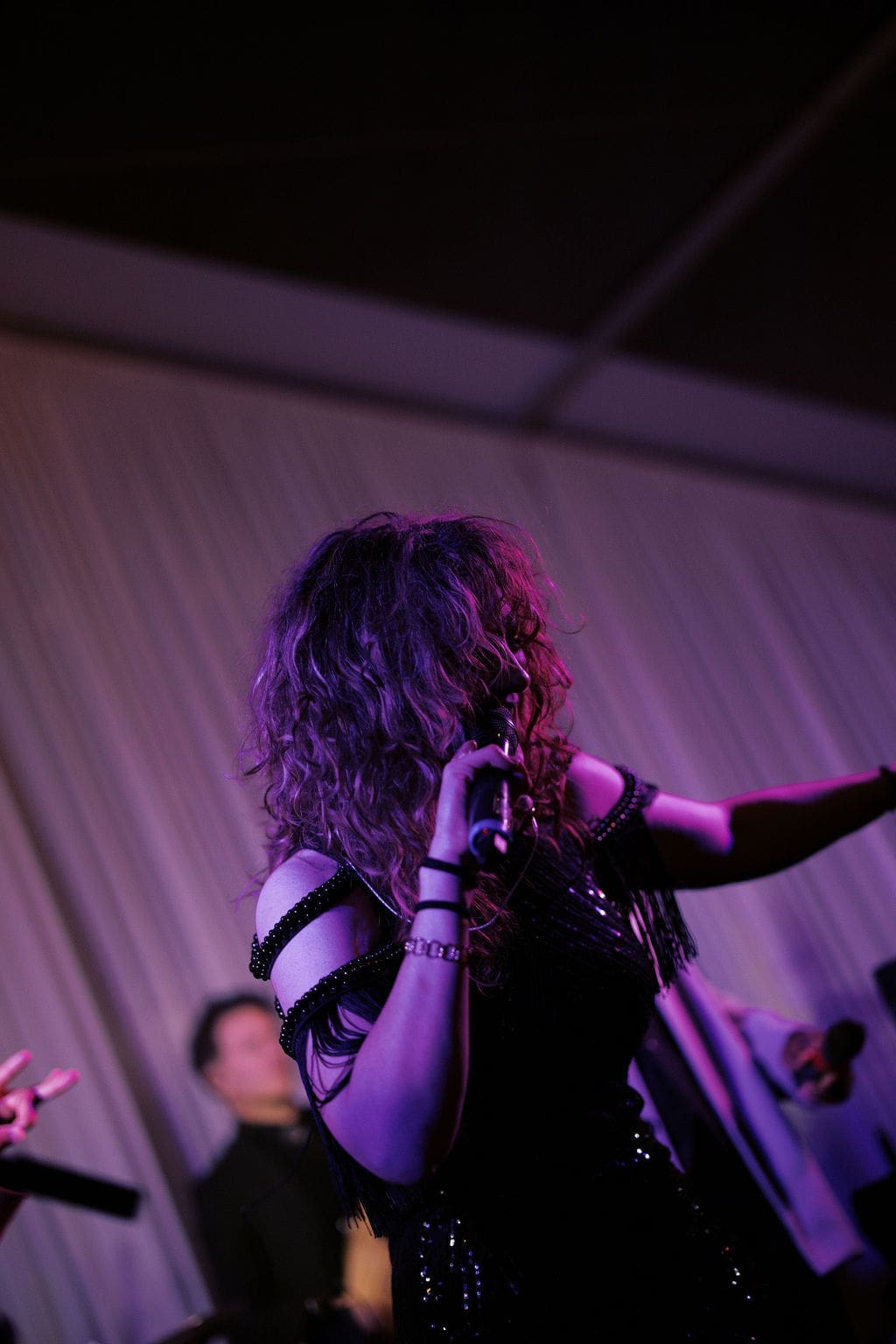 Lead singer performing on stage under colorful lights during a lively wedding reception.