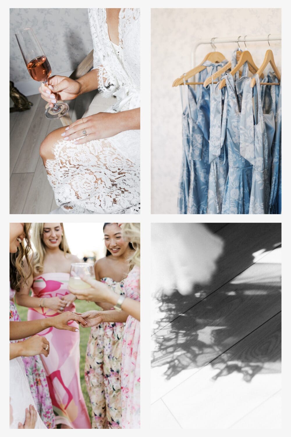 A collage of getting-ready moments from the Camp Hosea wedding, featuring the bride in her lace robe, bridesmaid dresses on the rack, and joyful candid details.