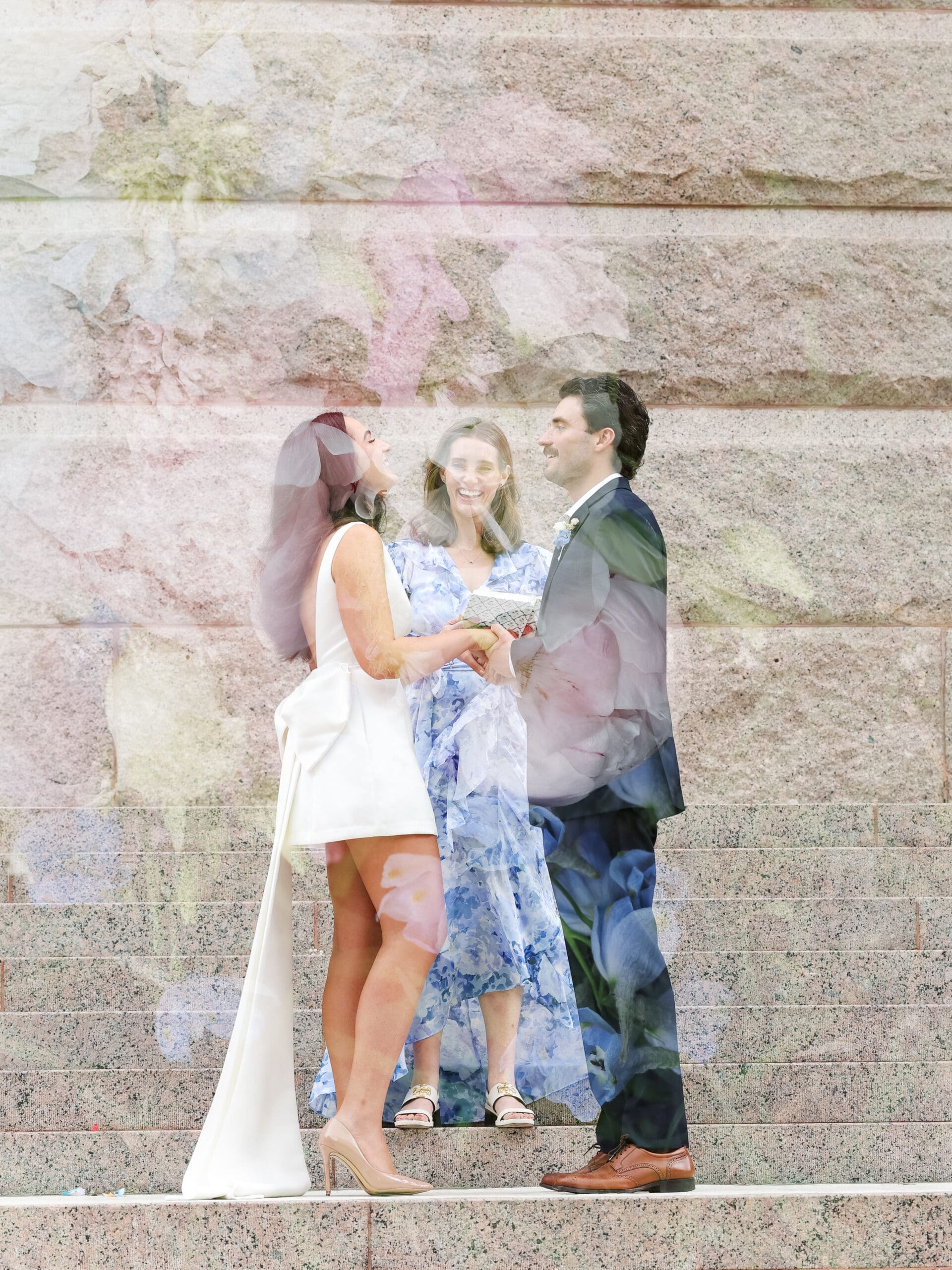 A dreamy double exposure of the bride and groom exchanging vows during their courthouse wedding in Houston
