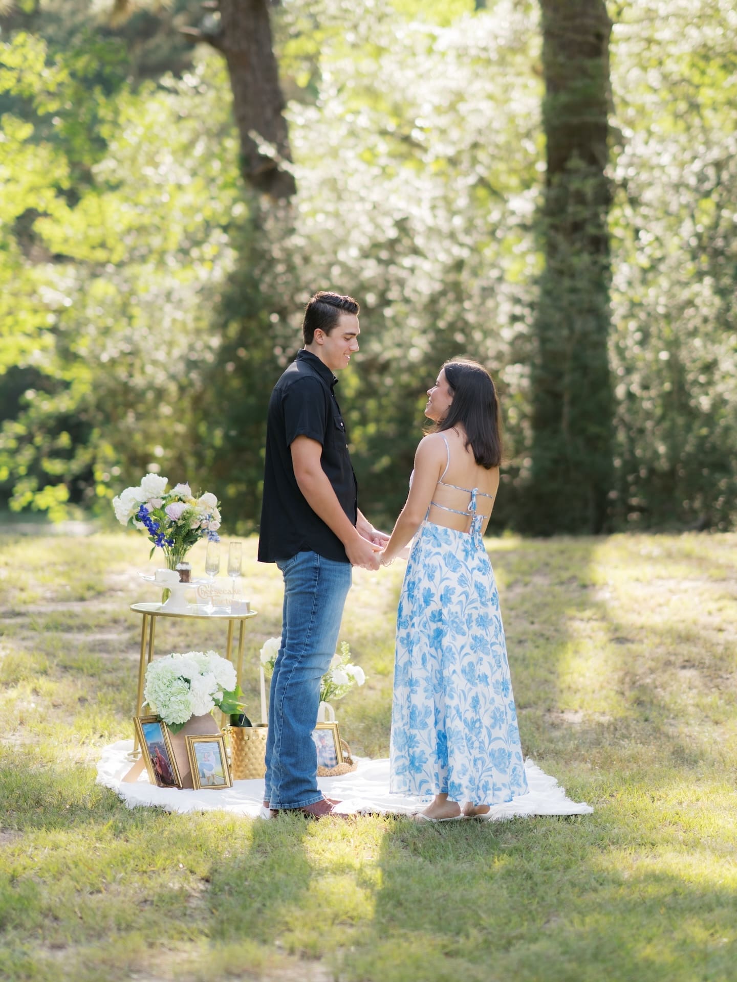 Newly engaged couple holding hands and smiling beside their picnic setup.