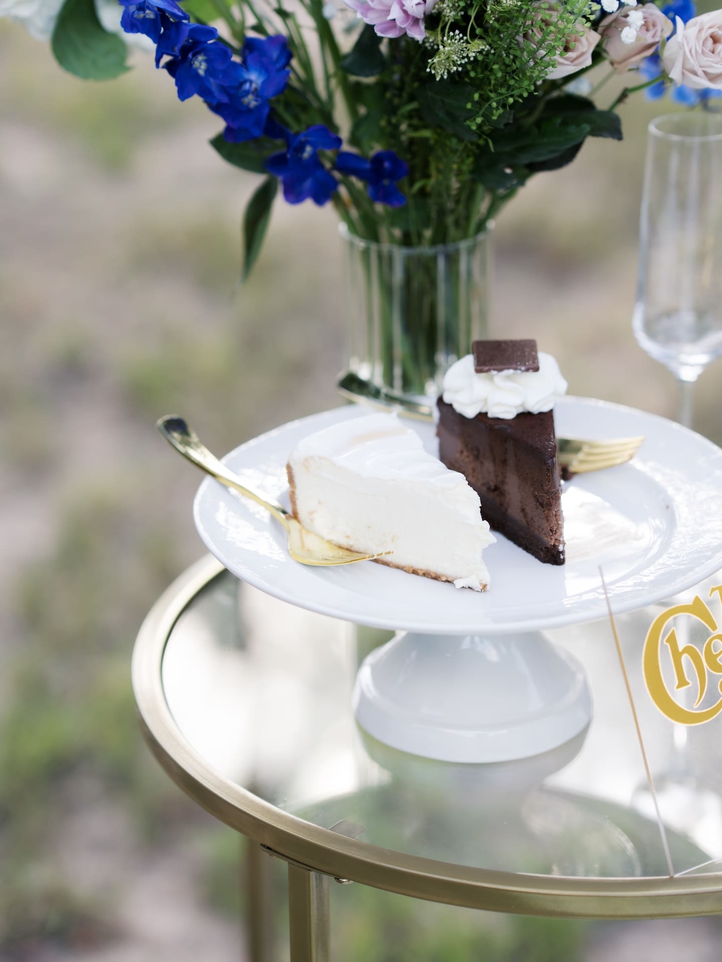 Surprise Engagement Proposal Ideas featuring a dessert table with cheesecake slices and fresh flowers.