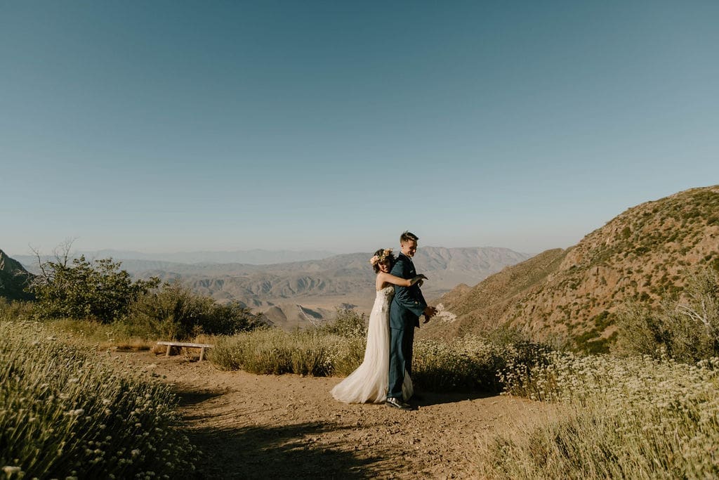 Wide shot of the newlyweds walking a wildflower-lined desert trail, mountain ranges layered in the distance.