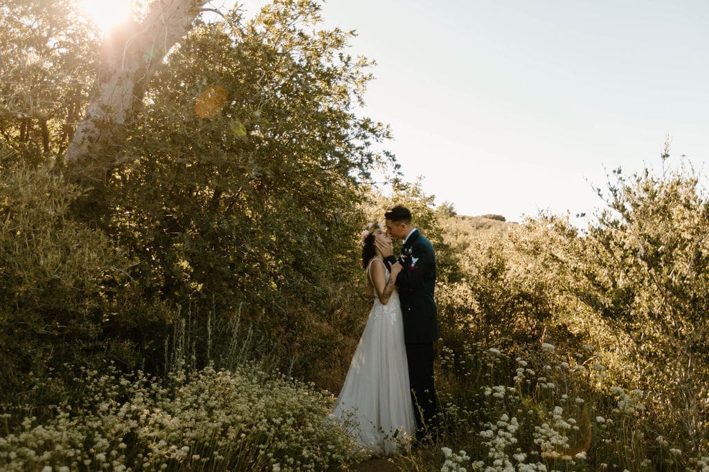 Bride and groom share a kiss tucked among wildflowers and sunlit trees at golden hour, the final quiet moment of their California elopement.