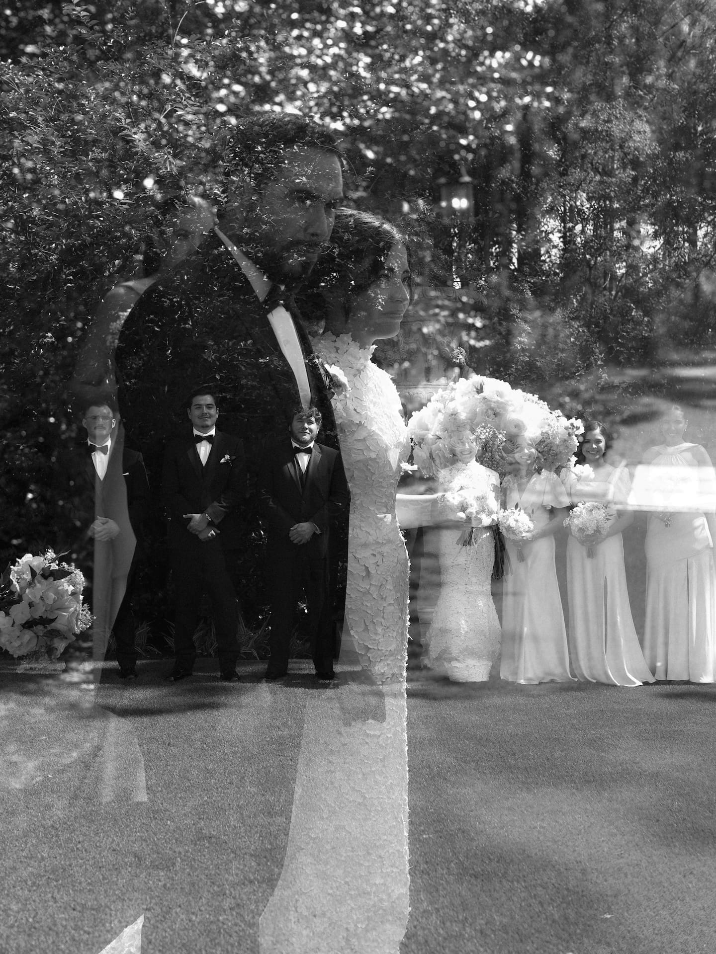 Artistic double-exposure portrait blending the bride and groom's profiles with their wedding party and bouquets in the background, a creative touch for this luxury wedding album.