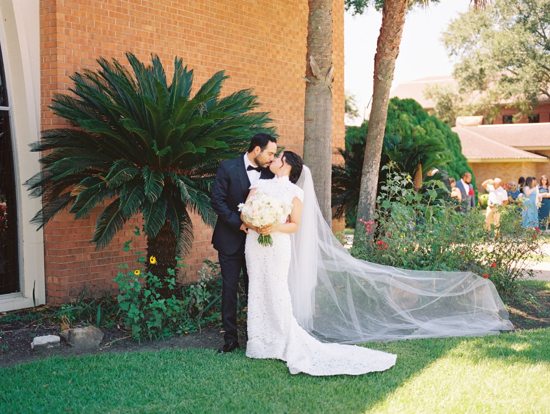 Bride and groom sharing a kiss beside a palm tree in front of a brick building, her cathedral veil trailing across the grass while guests mingle in the background.